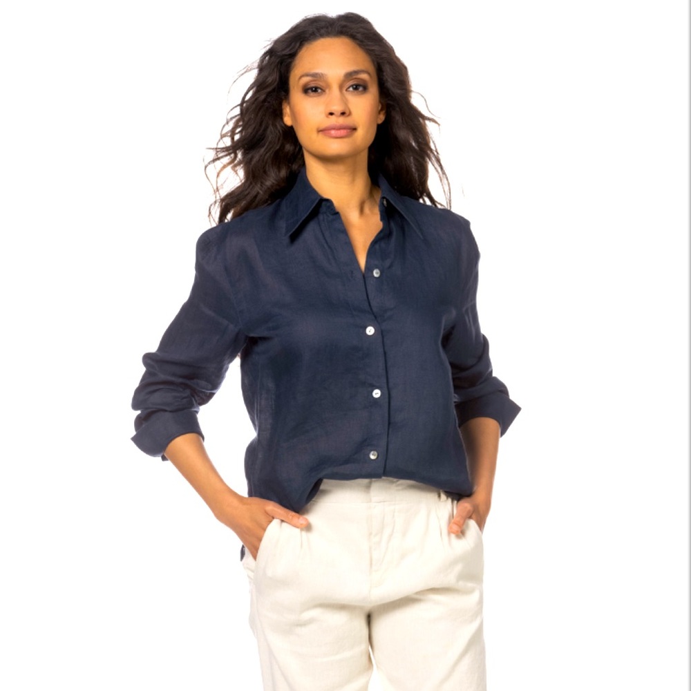 Linen Relaxed Button-Down Shirt XXS Navy